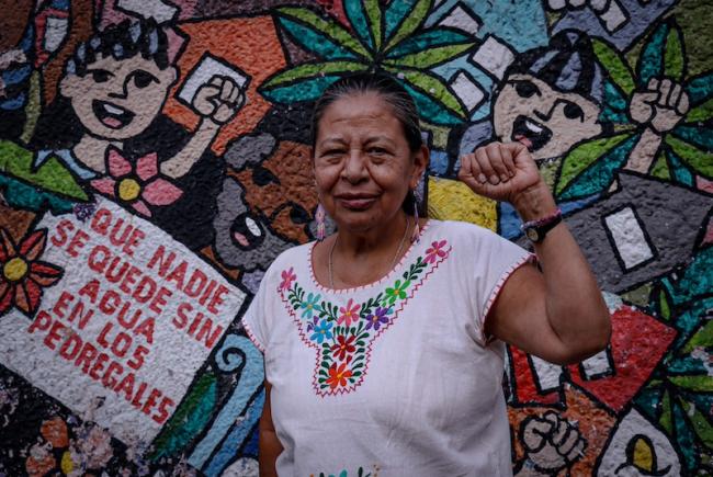 Male, a water defense activist, raises her fist in front of a mural advocating for water access that reads "May no one go without water in the scrublands." (Lizbeth Hernández)