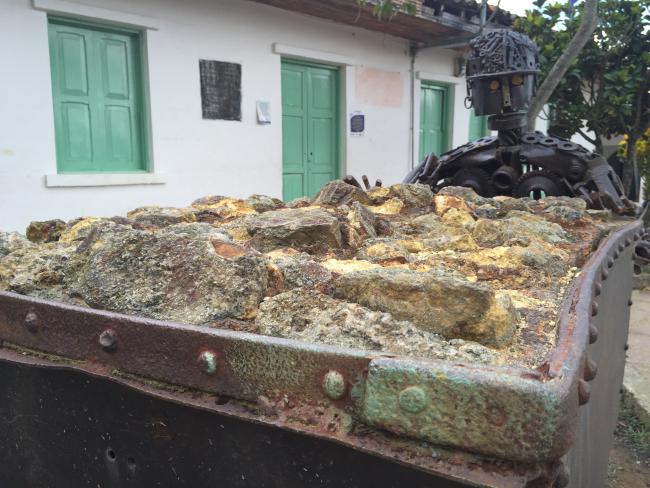 Sculptures in Marmato celebrate its long history of gold mining.  (Photo by Kari Lydersen)