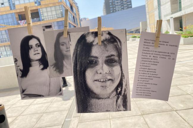 Photos of detained and disappeared women hang at the University of Chile's Juan Goméz Millas Campus in Macul, Santiago, on September 5, 2022, the day of the plebiscite on the draft new constitution. (Hillary Hiner)