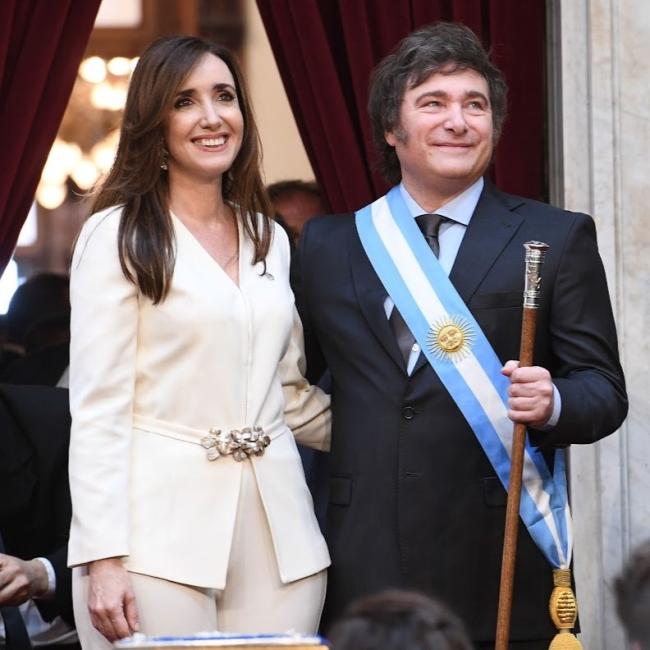 Milei (right) and vice president Victoria Villarruel (left) moments after taking office, December 10, 2023. (Senado de la Nación Argentina / Wikimedia Commons / CC BY-SA 4.0)
