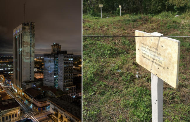 LEFT: Faces of Soler and Filipazzi projected on buildings in downtown Asunción. (Gabriel Orge). RIGHT: A marker identifies the spot Soler's remains were found. (Marco Castillo)