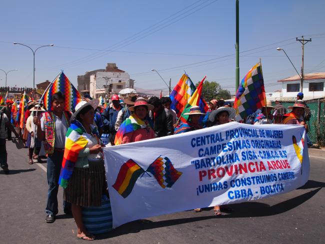 Mujeres marchan en apoyo a la organización Bartolina Sisa en Cochabamba. (Thomas Grisaffi)