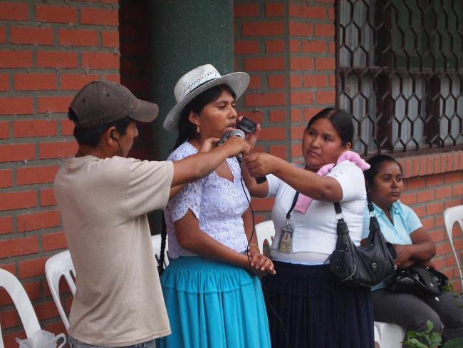 Union leader is interviewed by reporters in the Chapare. (Thomas Grisaffi)