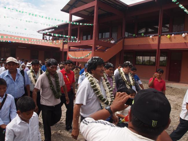 Former President Evo Morales arrives to inaugurate a new school in the Chapare in 2014. (Thomas Grisaffi)