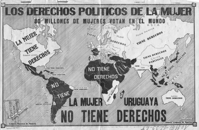 Map from Paulina Luisi's 1929 booklet, "World Map Indicating the Current Status of Women's Rights Around the World." (Wikipedia Commons)
