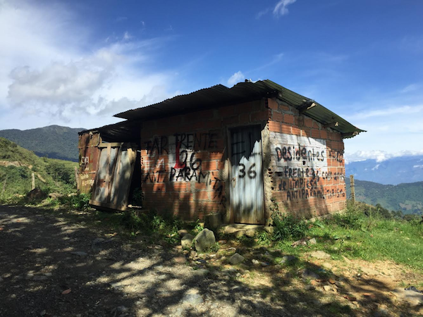 Graffiti from the FARC dissidence proclaims “FARC 36th Front Anti Paramilitary” and “FARC Dissidents 36th Front Command of Antiparamilitarism Limpieza (Killing)” (Photo by Alex Diamond)