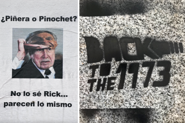 Left: “Piñera or Pinochet?  I don’t know, Rick…They look the same.” (Terri Gordon-Zolov) | Right: A stencil draws upon the movie “Back to the Future” (1985) to suggest that Chile is in a circular time warp, linked to the Pinochet legacy. (Eric Zolov)