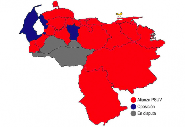 Mapa de los resultados de las elecciones a gobernadores de Venezuela en 2021 (según el segundo boletín, donde aun no quedan asignados o adjudicados los estados Apure y Barinas). (LordBaluConsultant / Wikimedia / CC BY-SA 4.0)