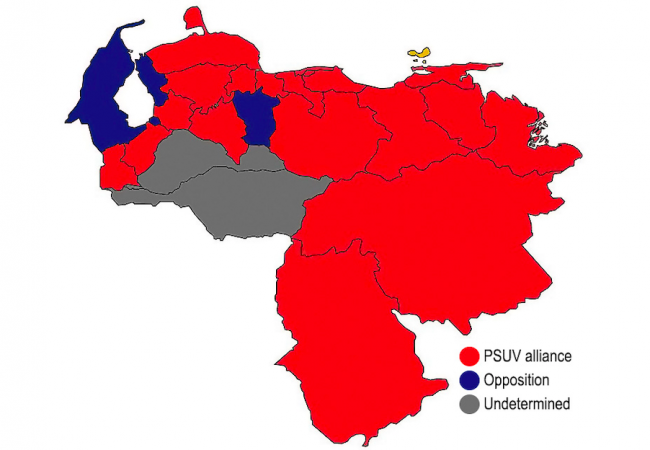 Results of Venezuela's 2021 gubernatorial election, based on data from the second CNE bulletin, when the states of Apure y Barinas still needed to be called. (LordBaluConsultant / Wikimedia / CC BY-SA 4.0)