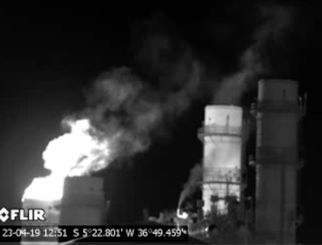 Thermal imaging reveals methane and other gasses being emitted from exhaust stacks at the Vale do Açu natural gas-fired thermoelectric plant, now managed by 3R. (Patricia Rodriguez / Earthworks)