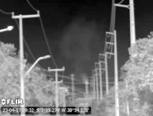 Thermal imaging shows smokestacks at the coal-burning Steel Company of Pecem (CSP) releasing particulate matter during a 2023 site visit. (Patricia Rodriguez / Earthworks)
