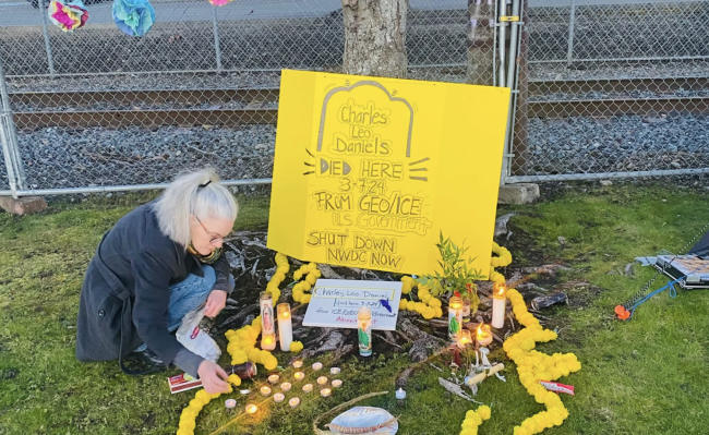 A vigil for Charles Leo Daniel who was found dead on March 7 while being detained at the Northwest ICE agency center in Tacoma, Washington. He was held in solitary confinement by ICE for almost four years. March 2024. (Image courtesy of Lilly Ann Fowler)
