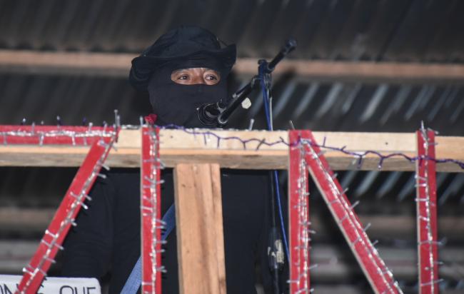 EZLN spokesperson Subcomandante Insurgentes Moisés addresses Zapatista communities and guests at Caracol Dolores Hidalgo on New Year’s Eve, 2023. (Alejandro Meléndez Ortiz)