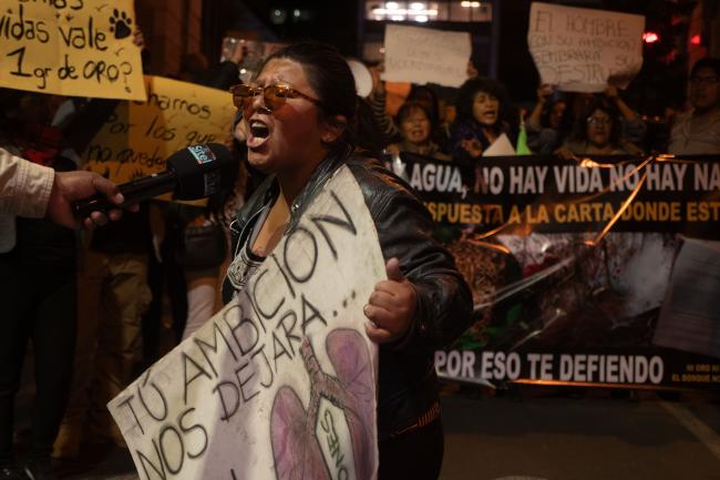 Protestors at a November 15th march in La Paz, Bolivia. A demonstrator speaks to a reporter while holding a sign with hand drawn lungs. (Benjamin Swift)