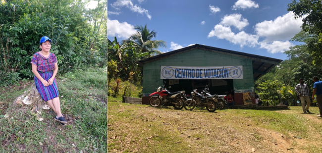 Left: Ana López, who traveled more than 18 hours each way to vote both in Santa María Tzejá in June and in August. (Ana López). Right: A voting center in Santa María Tzejá, Ixcán, el Quiché, during the first round of voting on June 25. (Emily Taylor)
