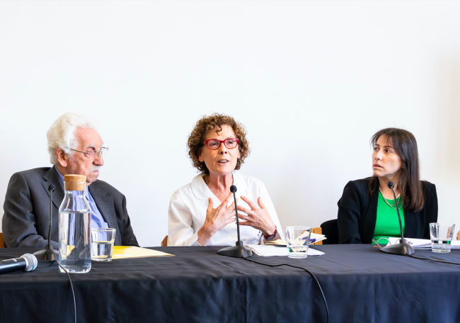 Miguel Lawner, Carmen Castillo, and Florencia San Martín speak in a session on "Transnational Solidarities" during a symposium on November 8, 2023. (© Centro Nacional de Arte Contemporáneo)