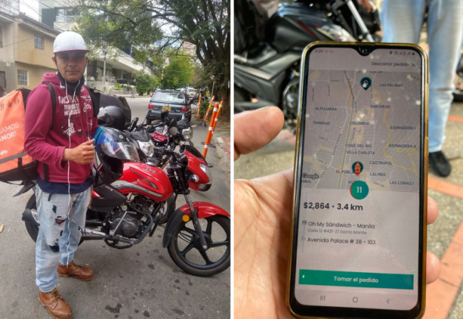 Left: Hector, a Rappitendero. (Courtesy of Hector Vega) / Right: A worker demonstrates an order amounting to 75 cents for driving two miles. (Arianna Jiménez)