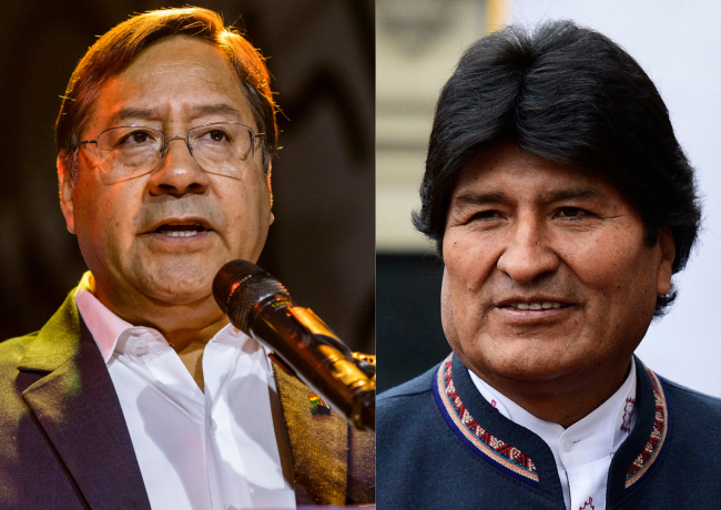 Current Bolivian President Luis Arce Catacora (left) and former President Evo Morales Ayma (right). (Fora do Eixo / Wikimedia Commons / CC BY-SA 2.0; Ministerio de Relaciones Exteriores de Perú / Wikimedia Commons / CC BY-SA 2.0)