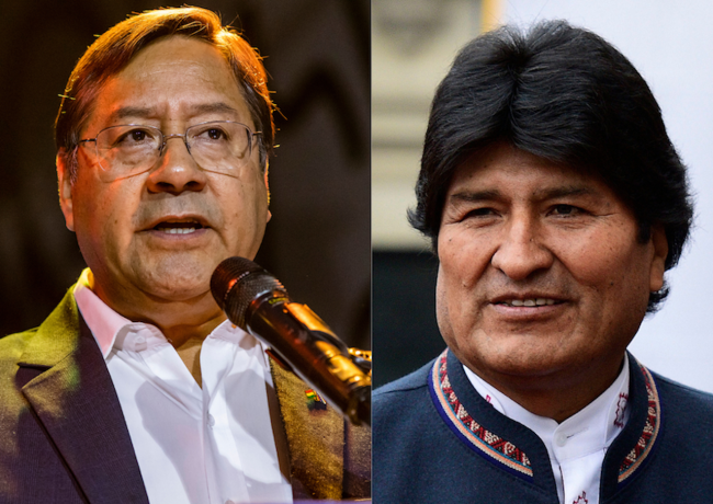 El actual presidente boliviano, Luis Arce Catacora (izquierda), y el ex presidente Evo Morales Ayma (derecha). (Fora do Eixo / Wikimedia Commons / CC BY-SA 2.0; Ministerio de Relaciones Exteriores de Perú / Wikimedia Commons / CC BY-SA 2.0)