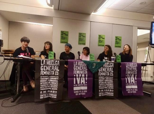 Camila Valle (second from the right) at the U.S. book launch of Set Fear on Fire (Verso, 2023) with members of the feminist collective LASTESIS (Carolina Dávila)