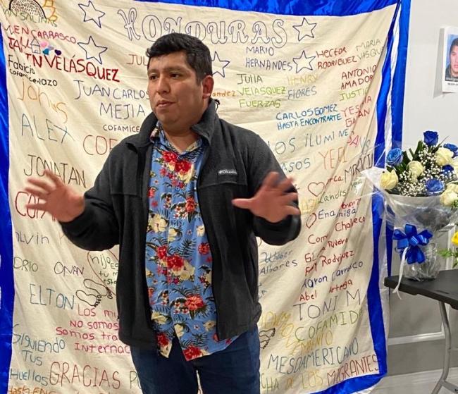 Rubén Figueroa with a memory blanket from Honduras. (Courtesy of Rubén Figueroa)