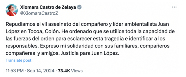 A tweet from Honduran President Xiomara Castro denouncing López's assassination and expressing death and expressing solidarity with his family and loved ones. "Justice for Juan López," she writes. 