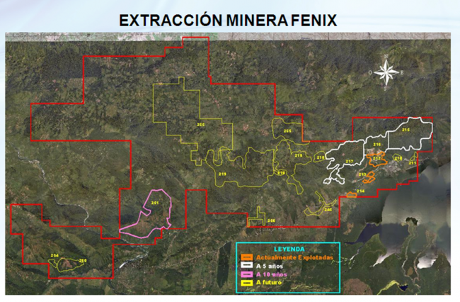 A map of the Fénix mine area. Areas currently under extraction marked in orange. (Indian Law Resource Center)