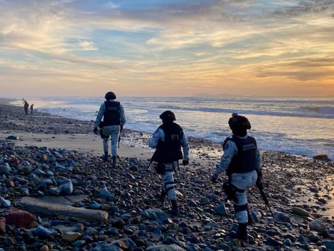 National Guard soldiers patrol a beach in Tijuana, Mexico, on January 4, 2025. (Dawn Paley)