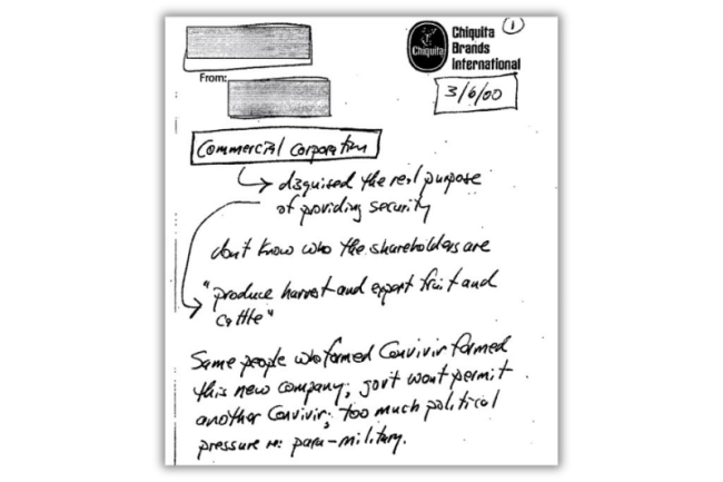 A Chiquita legal memo dated March 6, 2000, obtained by the National Security Archives, that was read aloud during the trial. (Via National Security Archive)