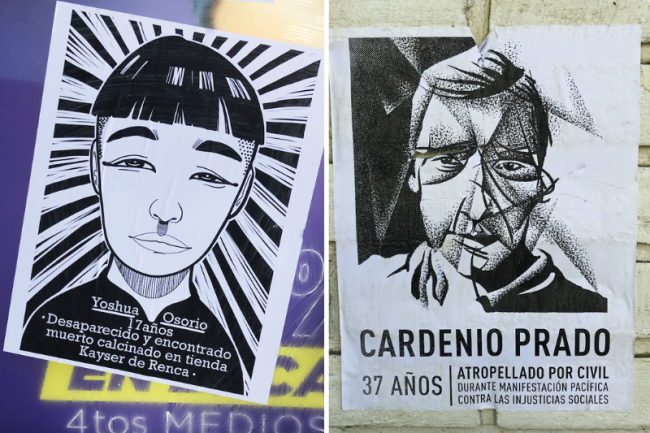 Left: Individualized poster on Avenida Pedro de Valdivia in Providencia emphasizes the personhood of a victim killed by the military. (Eric Zolov) | Right: Cardenio Prado / “Run over during a peaceful demonstration against social injustices.” (Eric Zolov)