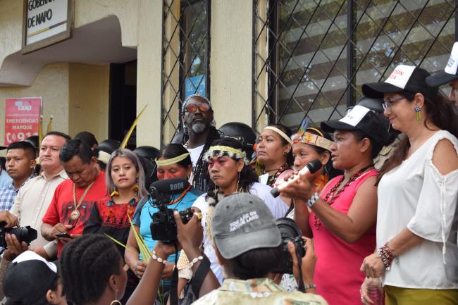 Elsa Cerda, president of Yuturi Warmi, gives a passionate speech at the government offices in Tena on October 12. (Rebecca Wilson)