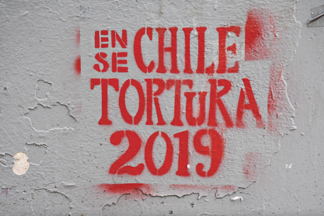 This stencil, “Torture is happening in Chile [in] 2019,” provides a potent denunciation of state violence against demonstrators.  (Eric Zolov)