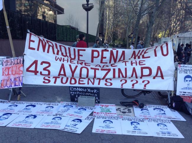 Activism for Ayotzinapa in front of UN Headquarters during UNGASS 2016 (Photo by Laura Weiss)