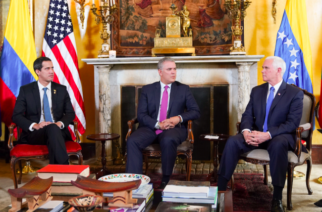 Juan Guaidó (left) meets with Colombian President Iván Duque and U.S. Vice President Mike Pence in Bogotá, Colombia, February 25, 2019. (The White House / D. Myles Cullen)
