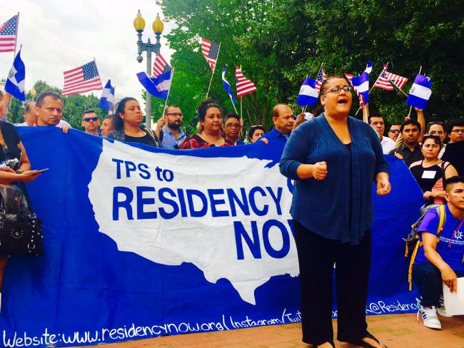 Activists with The Central American Refugee Center (CARACEN) demanding Legal Permanent Residency for Central American TPS beneficiaries. (National TPS Alliance)