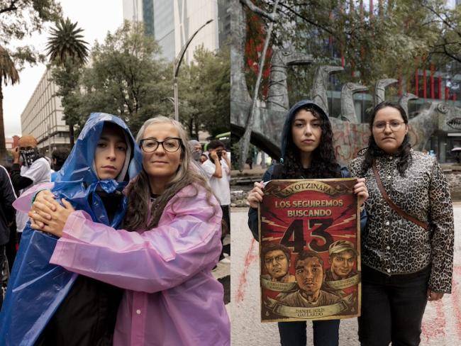 Left: Eva, a sociologist, attends the march with her friend. Right: Paula Mónaco, whose parents were disappeared by the Argentine dictatorship, attends the march with her son. (Anita Pouchard Serra)