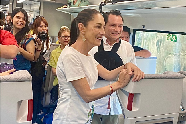 Presidential candidate Claudia Sheinbaum aboard the Tren Maya from Cancún to Valladolid. (Jack Phillips)