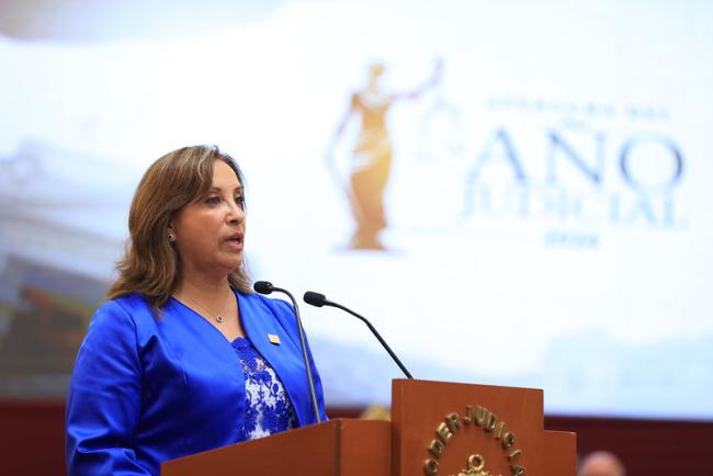 Peruvian President Dina Boluarte speaks at the opening ceremony for Peru's Judicial Year of 2024 on January 3, 2024. (CC BY-NC-SA 2.0).