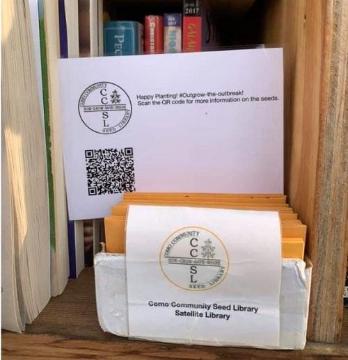 Free "Outplant the Outbreak" seeds offered within a neighborhood book cabinet in St. Paul, Minnesota (Used with permission from Stephanie Hankerson).