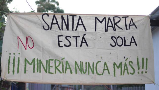 Protestors carrying a banner saying "Santa Marta is not alone, mining never again!" (REVERDES / Twitter)