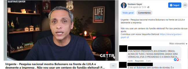 A Facebook post by the pro-Bolsonaro influencer discrediting the Datafolha polling agency.