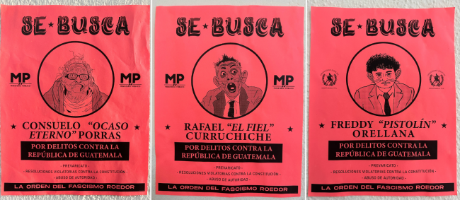 Los carteles de "Se busca" acusan a los principales implicados en los ataques contra Semilla, incluida la fiscal general Consuelo Porras, de "crímenes contra la República de Guatemala." (Vaclav Masek)