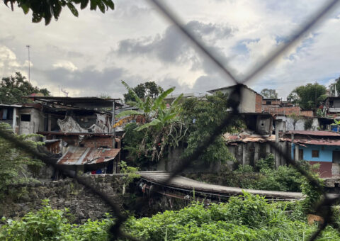 One of the areas formerly controlled by gangs and now heavily patrolled by police and soldiers. Comunidad Nueva Israel, San Salvador. October, 2023. (Anne Ruelle)